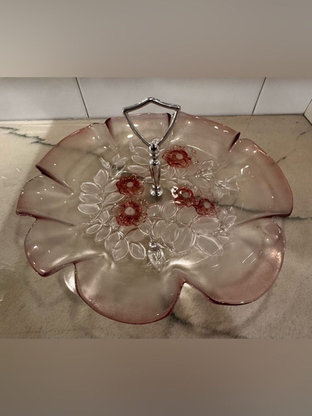 Pink Glass Floral Serving Tray Set - Picture 5 of 15
